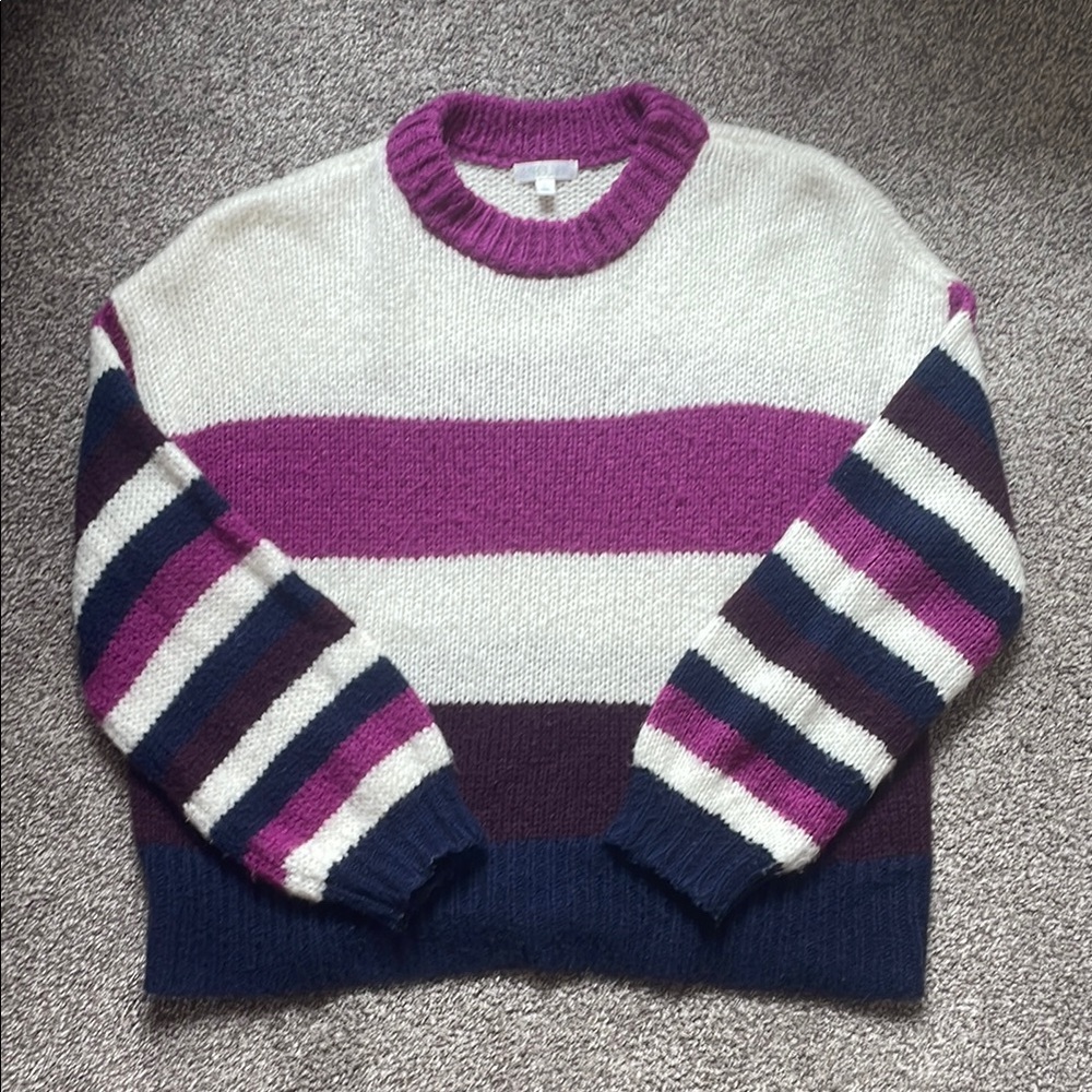 Abound Cream and Purple Crew Neck Sweater with Striped Design
